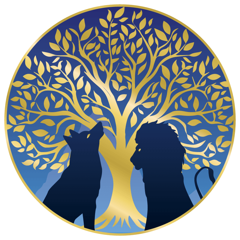 lion and wolf silhouette in front of a gold tree